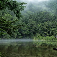 静寂に包まれる明神池と祠が映る水面（上高地）の写真