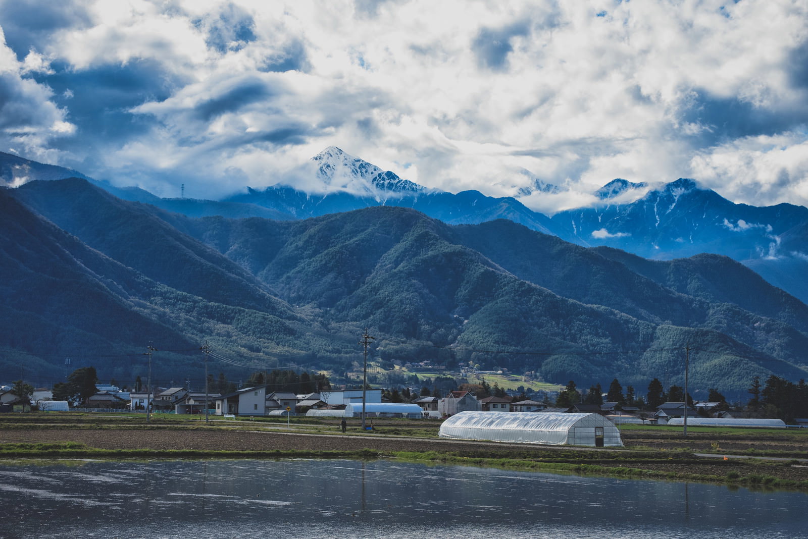 北アルプス前常念岳を背景に安曇野の緑の水田が広がる風景