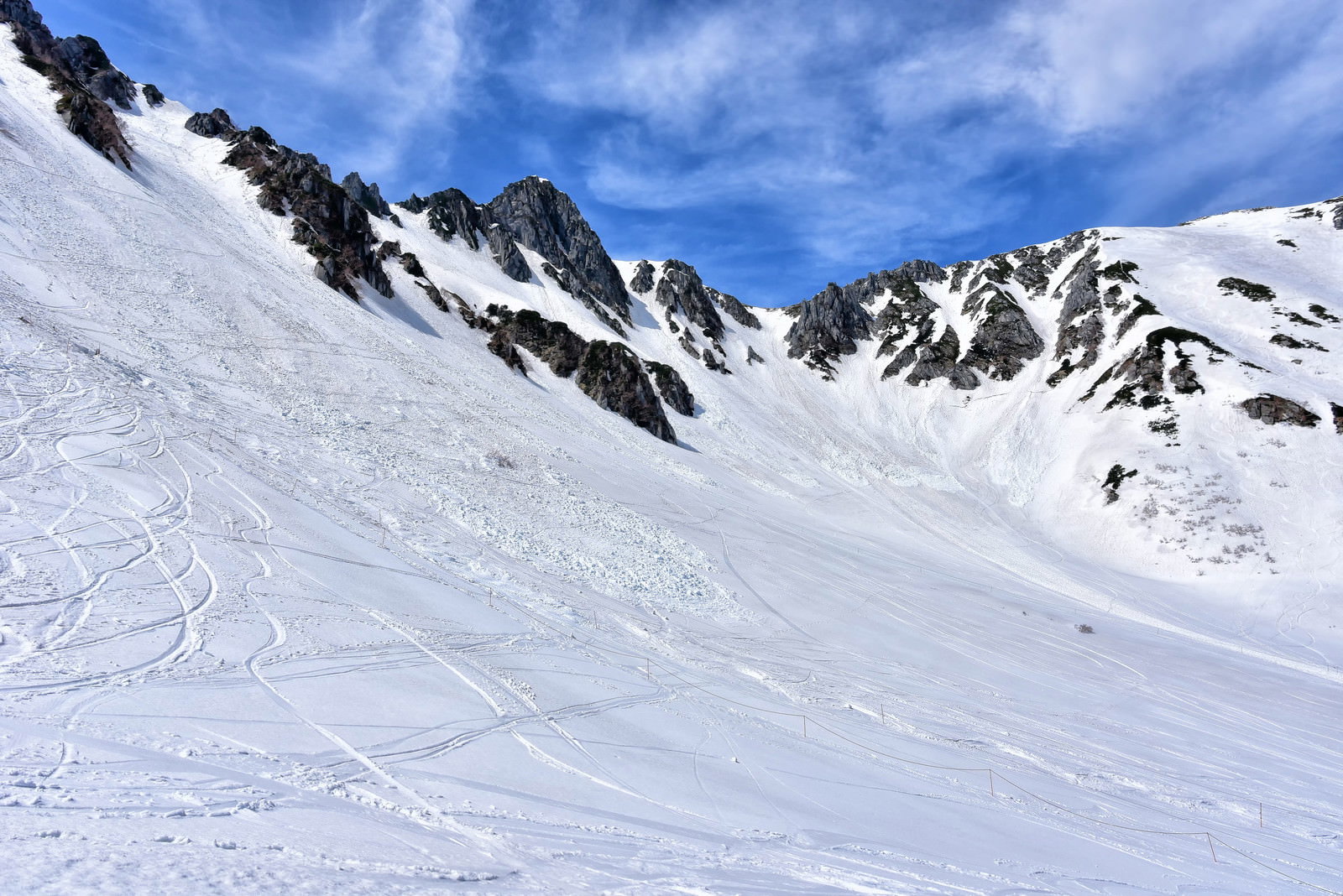 千畳敷カールの残雪に覆われた傾斜と岩山が青空に映える