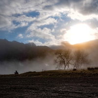 朝霧と朝焼けに包まれる長野県野平の畑の夜明け風景の写真