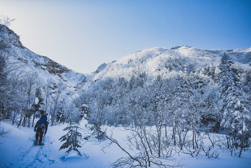 文三郎尾根の登山道の始まりで雪道を進む登山者