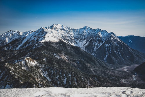 雪化粧した穂高連峰の残雪景観（北アルプス冬景色）