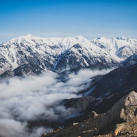 焼岳山頂から望む笠ヶ岳方面の雪景色と雲海の写真