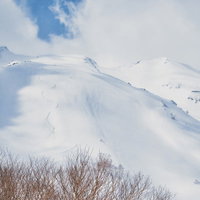 バックカントリースキーヤーの滑った跡が残る乗鞍高原の雪山の写真