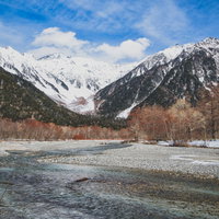厳冬の上高地から見る穂高連峰と梓川の雪景色の写真
