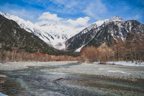 厳冬の上高地から見る穂高連峰と梓川の雪景色