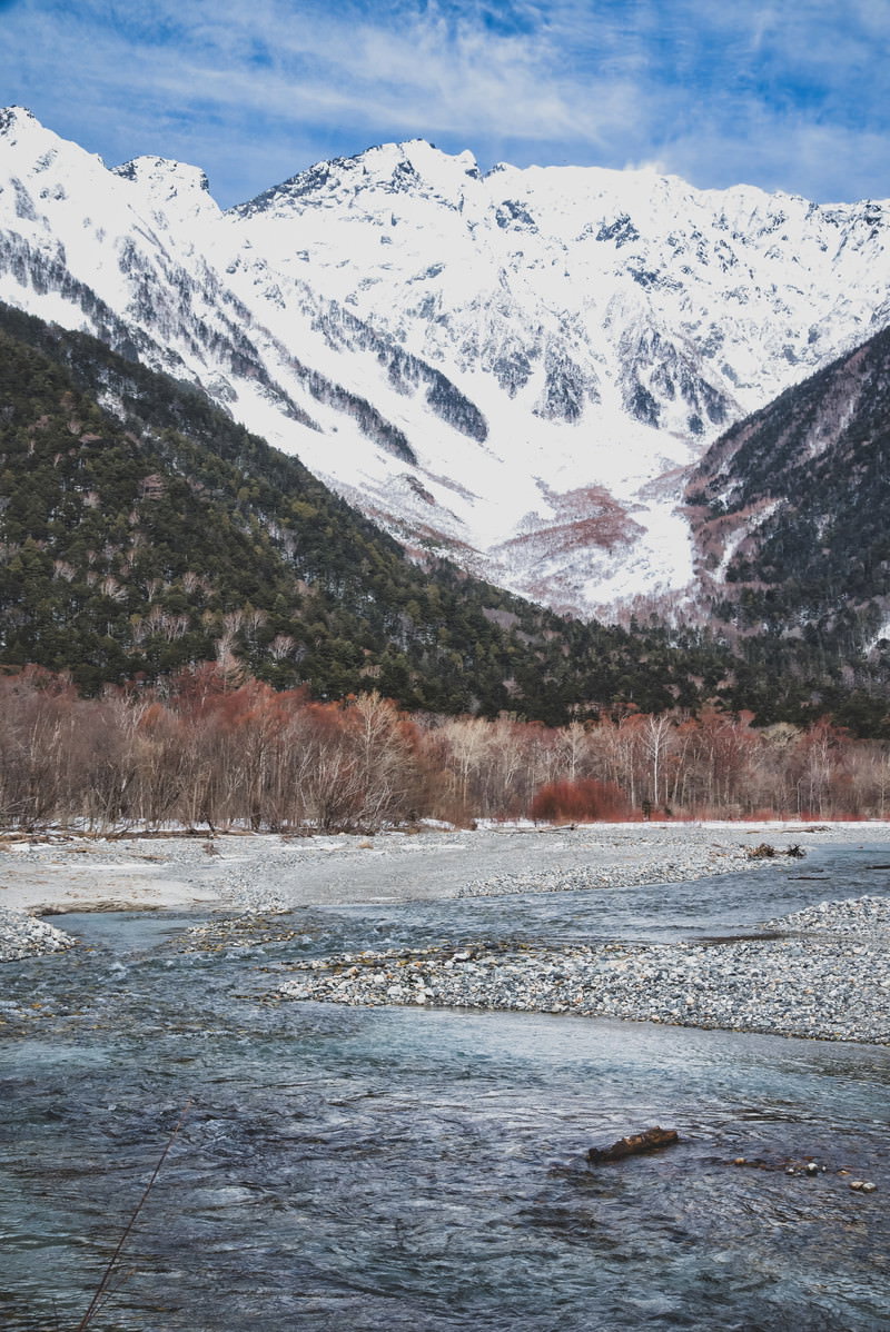 雪化粧した穂高連峰を背景に流れる梓川と雪景色の上高地