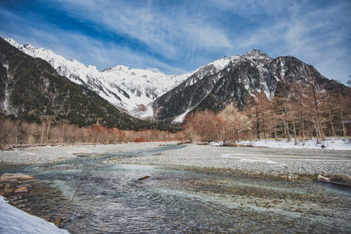 厳冬の穂高連峰と凍結した梓川の雪景色、青空が映える上高地の冬景色