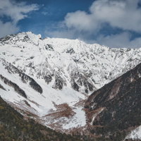 厳冬期の吊尾根と穂高連峰の雪山|上高地からの雪化粧の写真