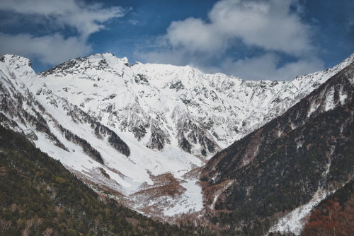 厳冬期の吊尾根と穂高連峰の雪山|上高地からの雪化粧