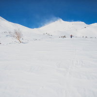 乗鞍高原の雪山を踏破するバックカントリースキーヤー（北アルプス）の写真
