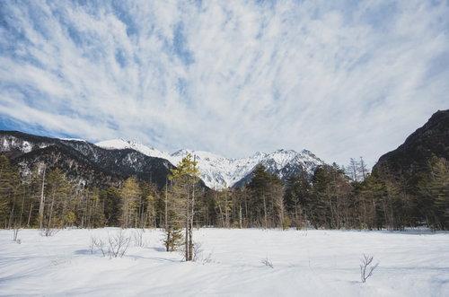 上高地に広がる雪原と穂高連峰、広い青空、冬の山々の景観