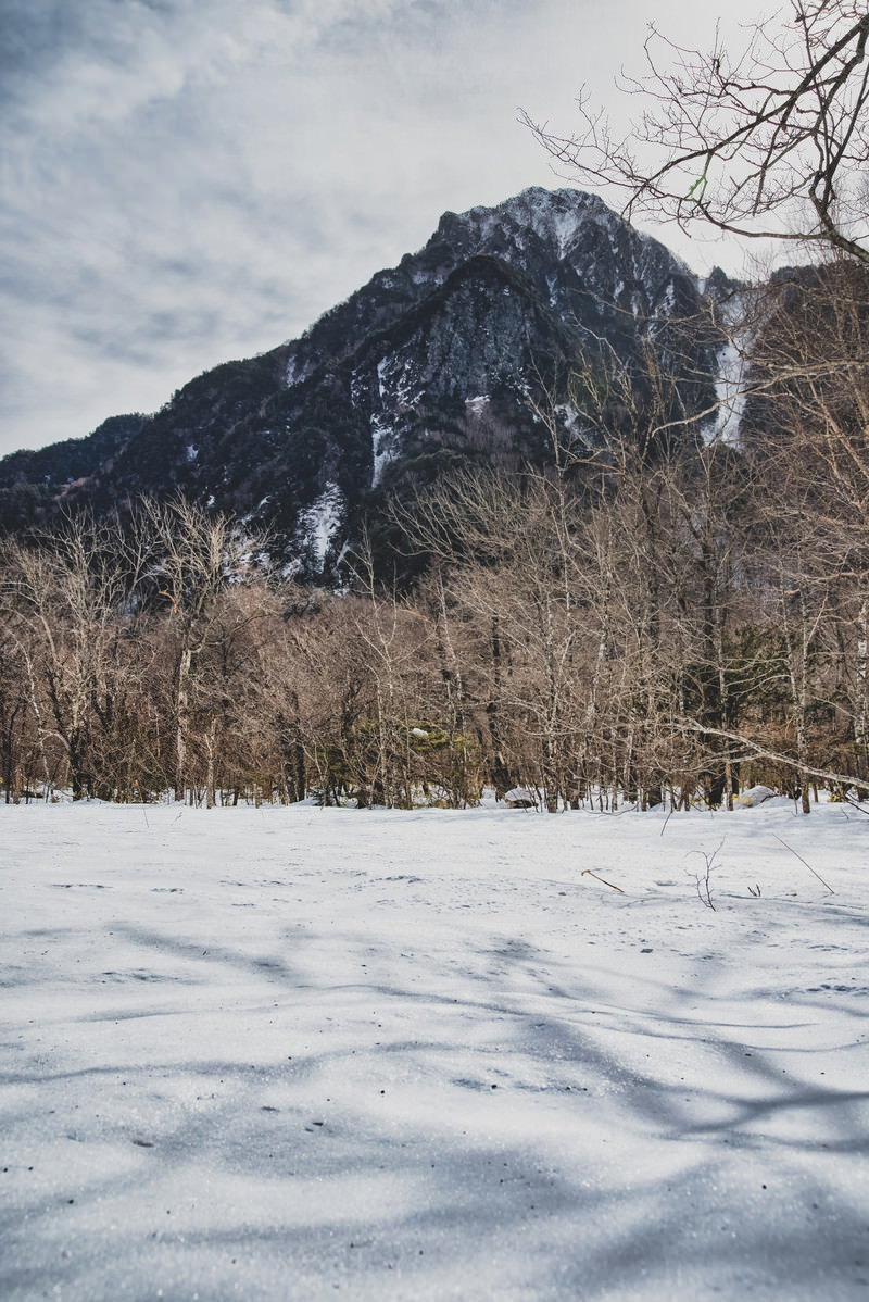 雪に覆われた上高地の平原と背景にそびえる六百山の冬景色