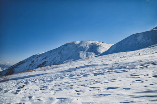 西日に照らされる高天ヶ原の斜面（長野県）