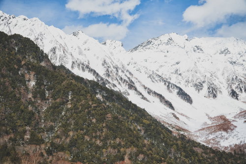 上高地から見る西穂高岳の積雪した稜線と北アルプスの冬景色