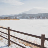 冬の白樺湖畔の遊歩道から見た積雪の湖と山々の景色の写真