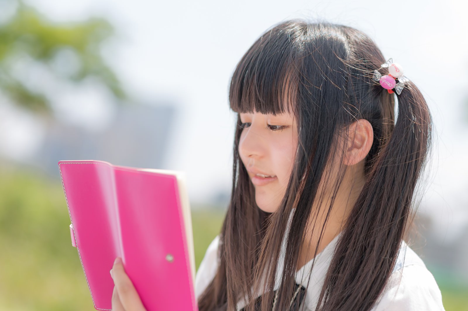 ピンクのノートを確認するツインテールの女の子［モデル：こころ］