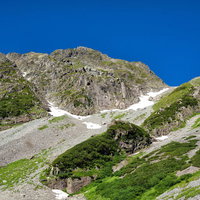 ザイテングラードの岩尾根から見える青空と穂高連峰の写真