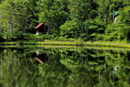 タカソメキャンプ場のロッジが静寂の水面に映る風景