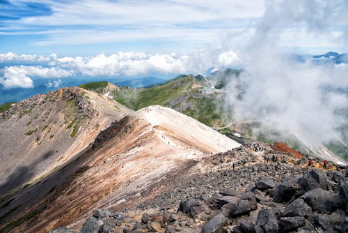 乗鞍剣ヶ峰への登山道から見える雲海と北アルプスの風景