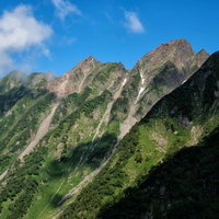青空に映える西穂高岳の切れ落ちた稜線と北アルプスの山々の写真