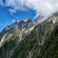 断崖絶壁の吊尾根を行く登山道と山岳風景、岩場を縫う細い道の写真