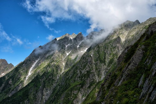 断崖絶壁の吊尾根を行く登山道と山岳風景、岩場を縫う細い道
