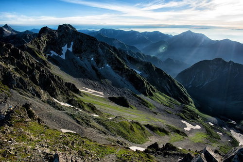 涸沢カールの岩壁と残雪が残る登山道