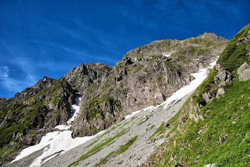 夏の奥穂高岳・緑に覆われた岩壁