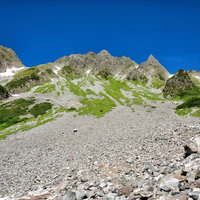 涸沢カールの広大なガレ場と連なる山々の稜線の写真