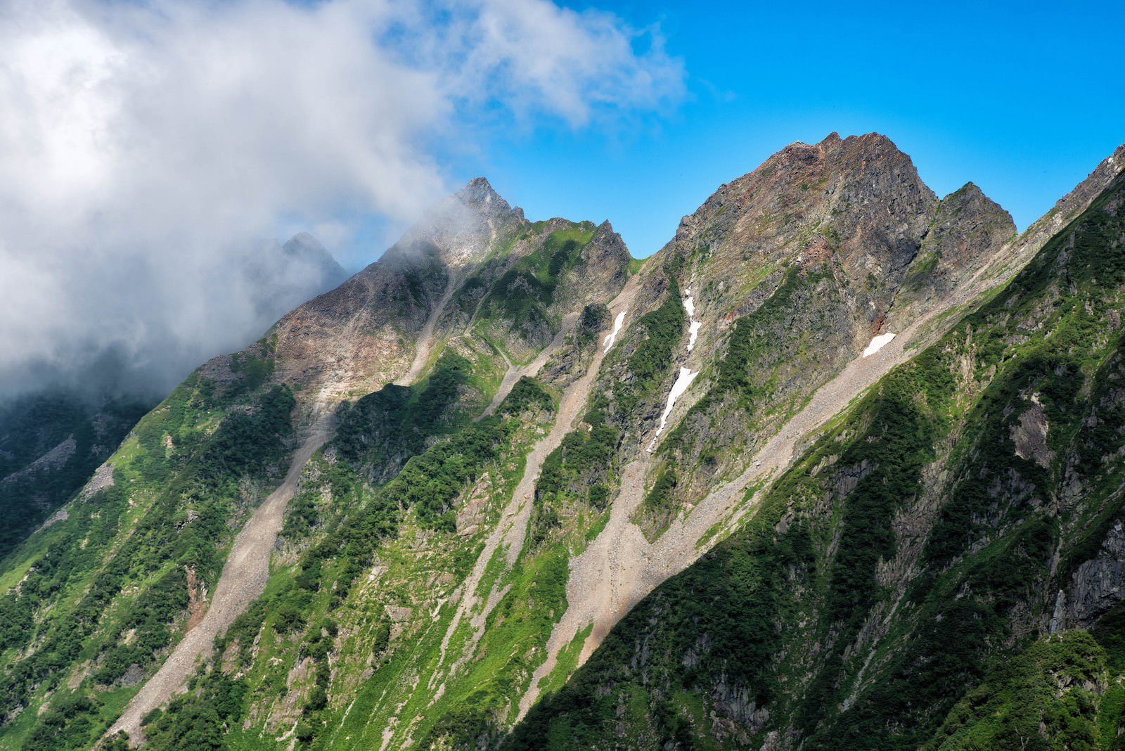 夏の穂高連峰と急峻な稜線