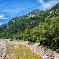 梓川から見る明神岳の眺めの写真