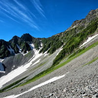 涸沢の急峻な斜面に続く青い空と残雪の北アルプス山峰の写真