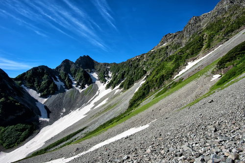 涸沢の急峻な斜面に続く青い空と残雪の北アルプス山峰