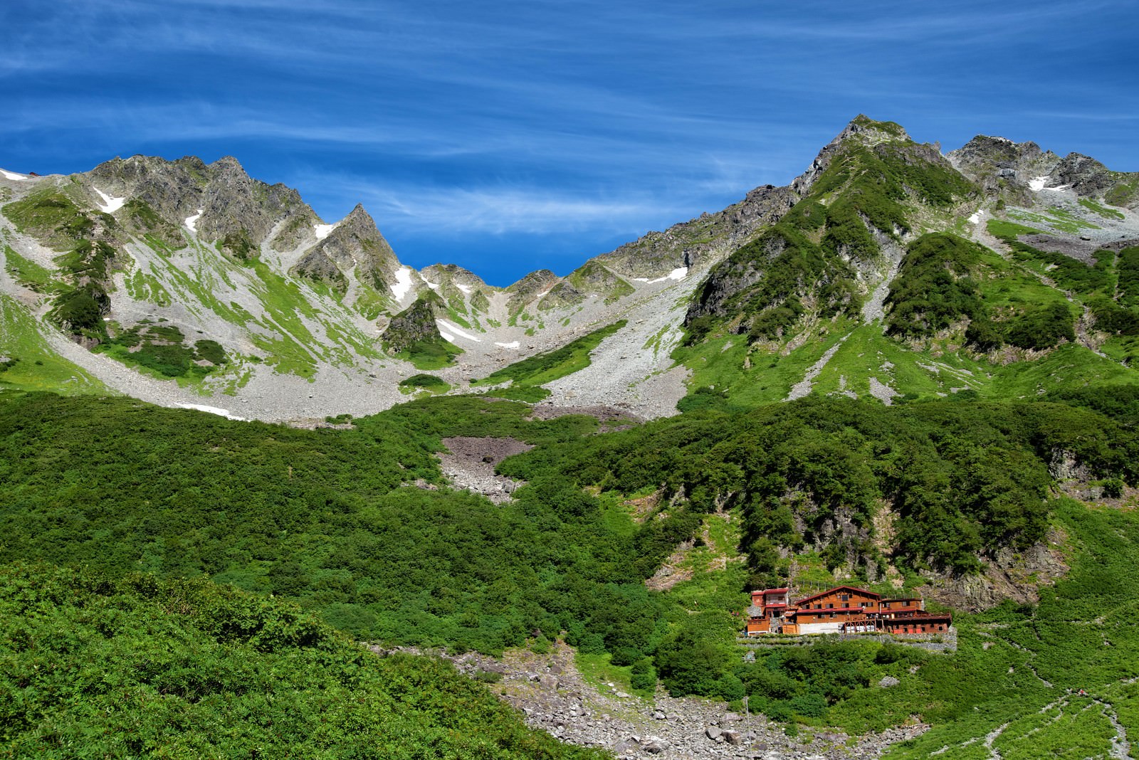 北穂高岳の山小屋と雪渓の残る山々、青空が見える山岳風景