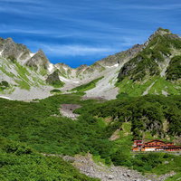 北穂高岳の登山道沿いに見える山小屋と雪渓の景色の写真