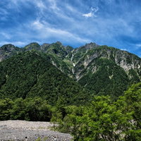 青空と雲に映える明神岳の山岳風景と登山道の写真