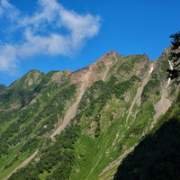 西穂高岳のピラミッドピークと雲の山岳風景の写真