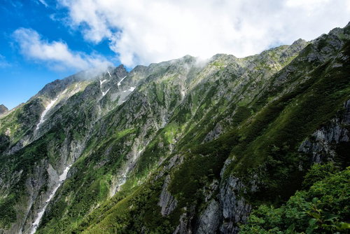 雲が沸き立つ吊尾根の岩壁と山岳風景