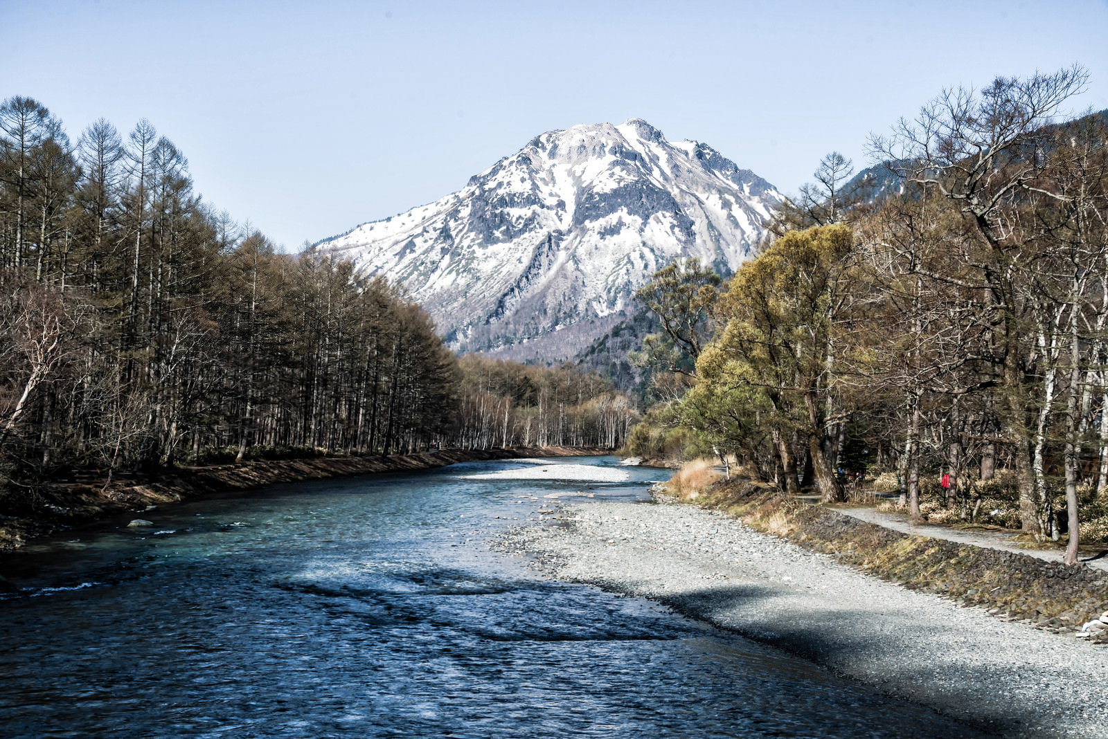 梓川の清流と両岸の新緑、奥に雪化粧した焼岳が見える春の山岳風景