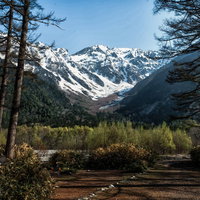 小梨平キャンプ場から見る残雪の雪山と春の新緑の写真