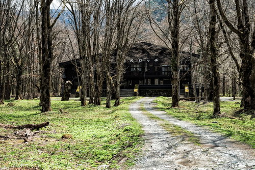 森の中に佇む徳沢ロッジへ続く山道を進むハイカー