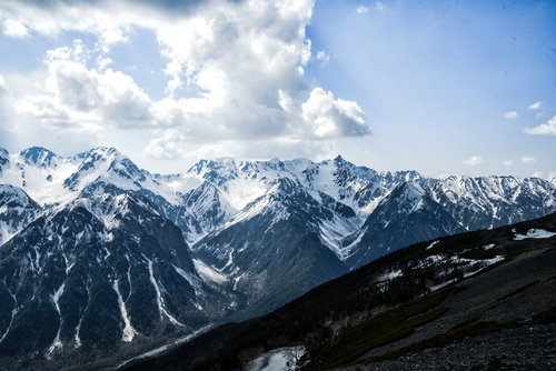 蝶ヶ岳から望む残雪の槍ヶ岳と北アルプスの冬山風景