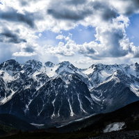 蝶ヶ岳山頂から望む飛騨山脈の雪山パノラマの写真