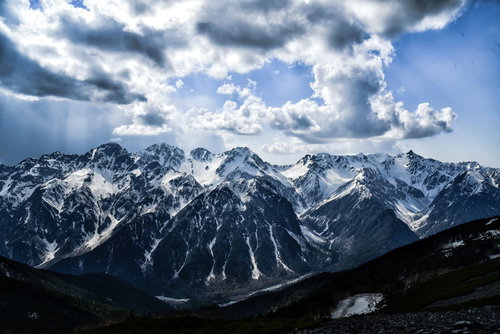 蝶ヶ岳山頂から望む飛騨山脈の雪山パノラマ