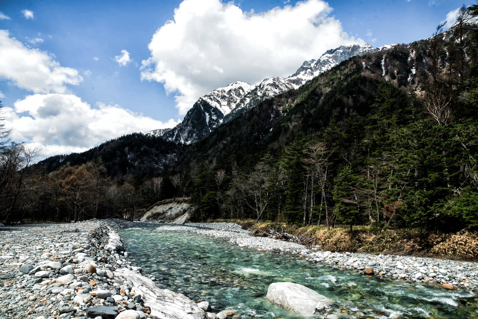 上高地の梓川が河原の石の間を流れ、背景に雪山と青空が見える風景