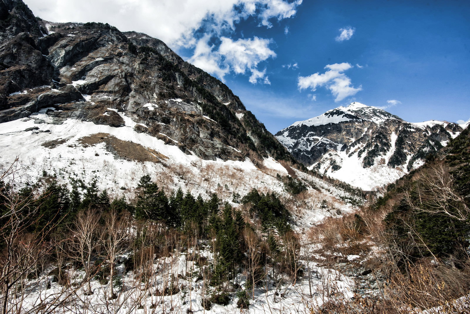 屏風岩と残雪の北穂高岳の山岳風景