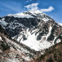 本谷橋付近から見る北穂高岳の雪山風景（北アルプス）の写真