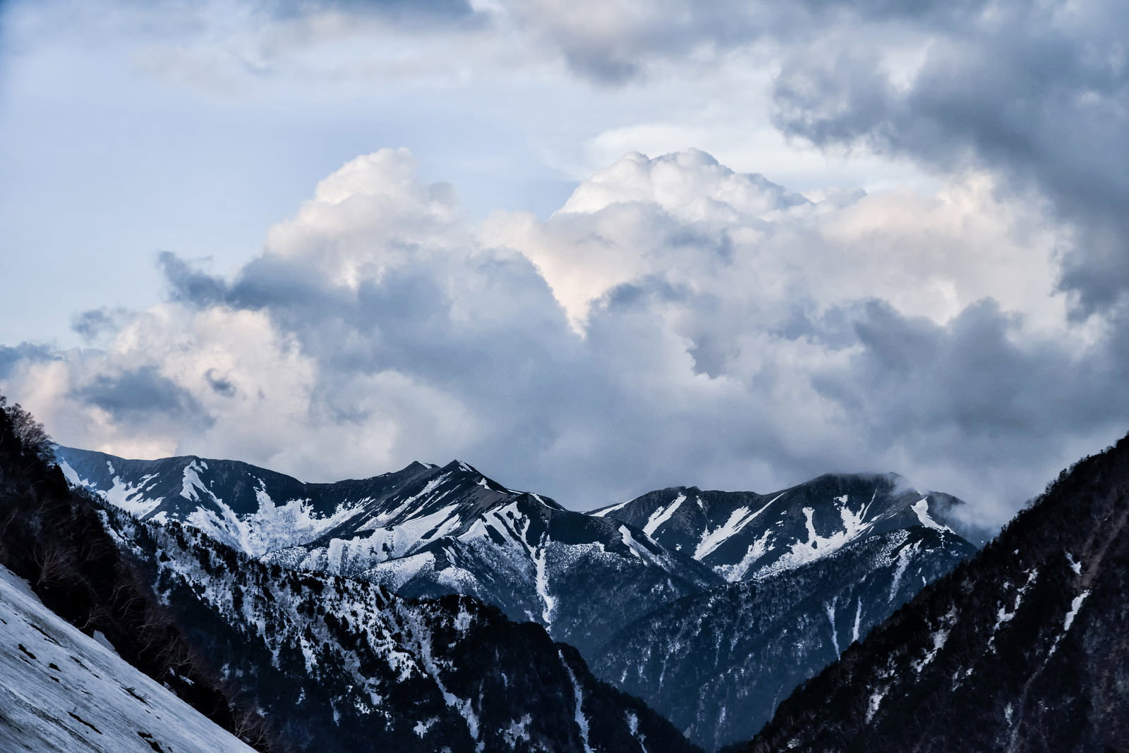 雪に覆われた山々の上に広がる雲海の風景