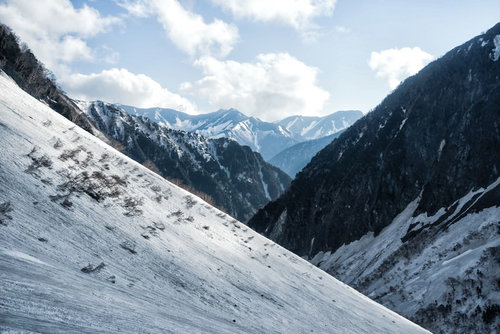 涸沢の傾斜越しに見える蝶槍の冬山風景